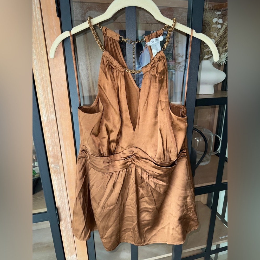 Vintage y2k Caché silk chain top copper halter vneck cutout sexy 90s ruched